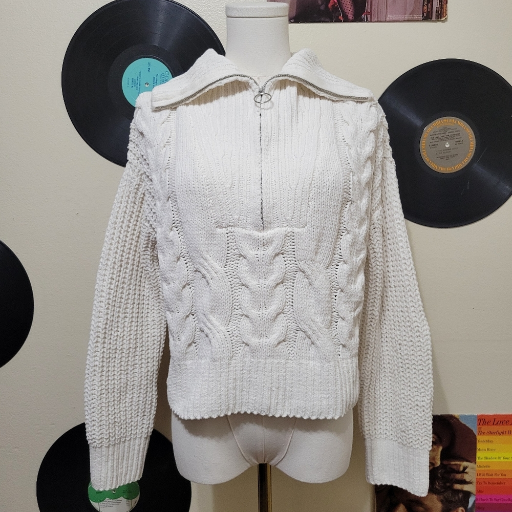 Pink Rose | White Knit Quarter Zip